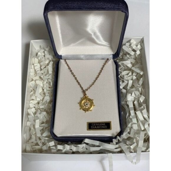 Gold Tone Ship Wheel Necklace With Genuine Diamond - Picture 1 of 4